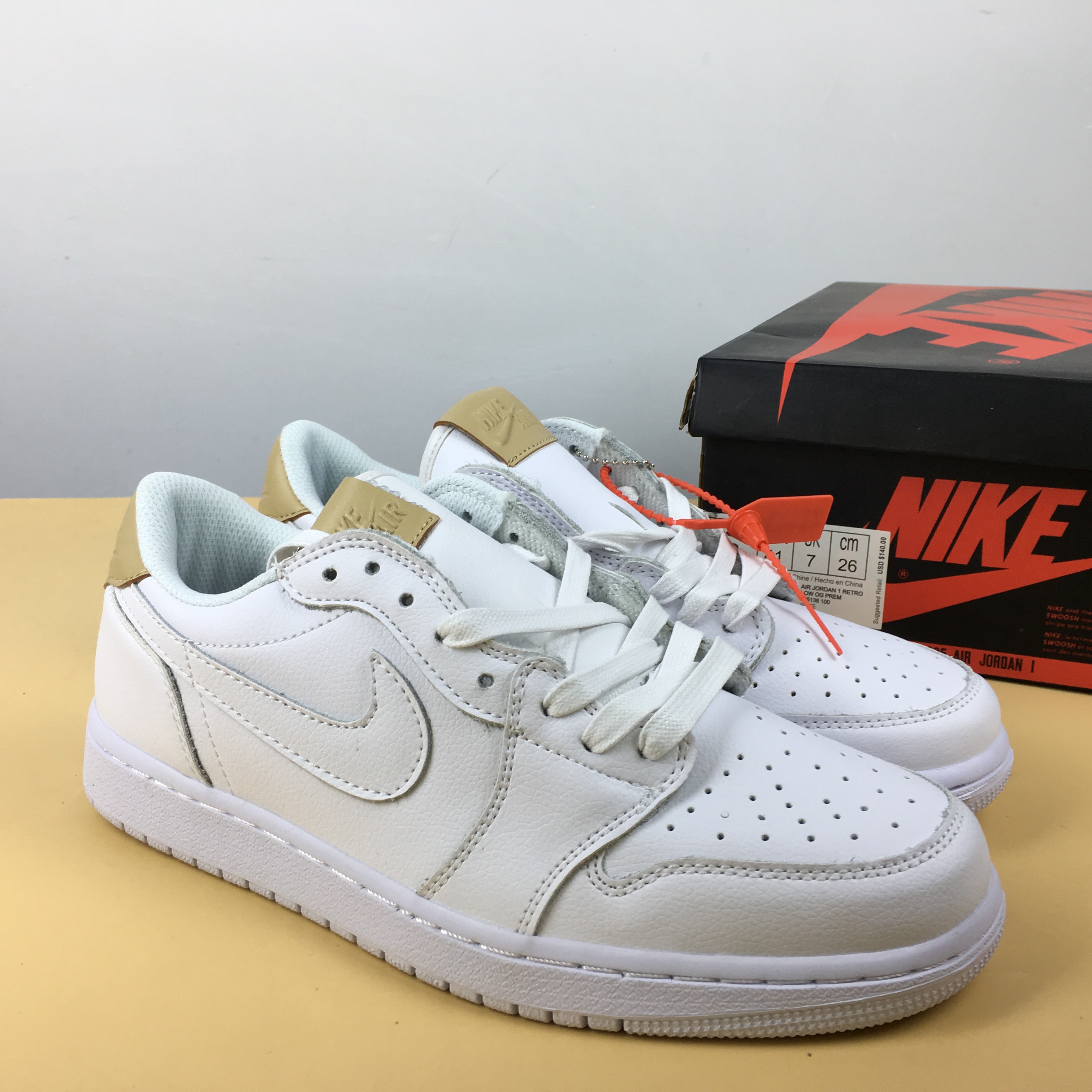 Women Air Jordan 1 Low “Tan” PRM All White Shoes - Click Image to Close